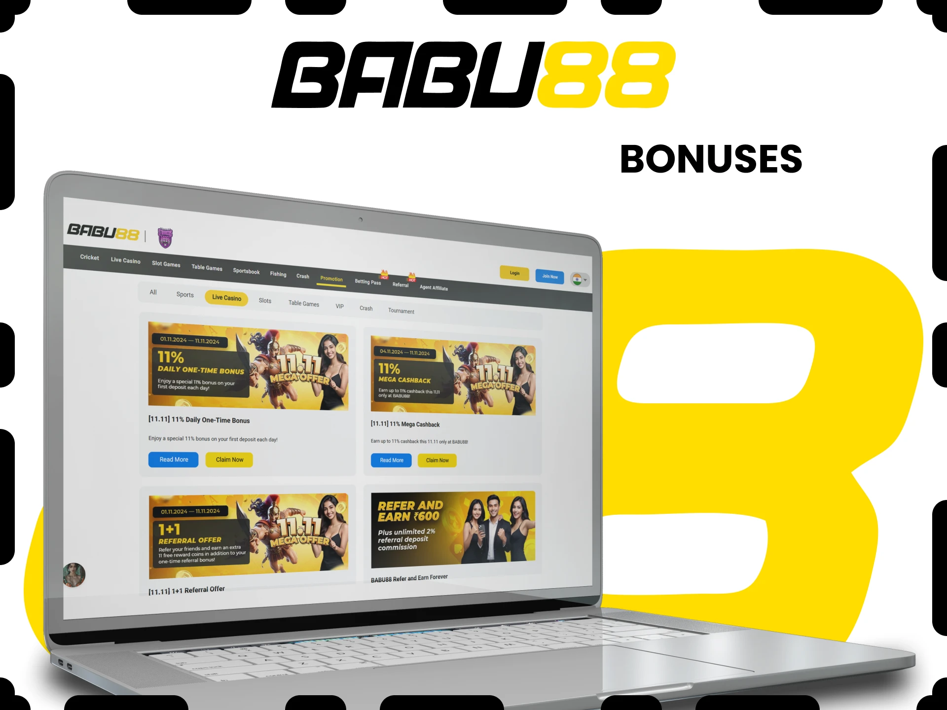 Babu88 gives bonuses for casino games.