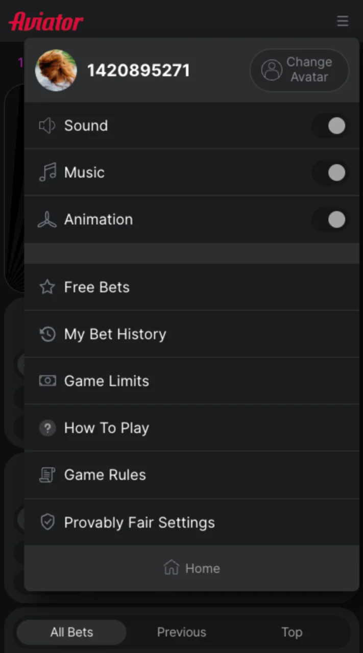 Check out the simple menu for the Aviator game on Babu88.