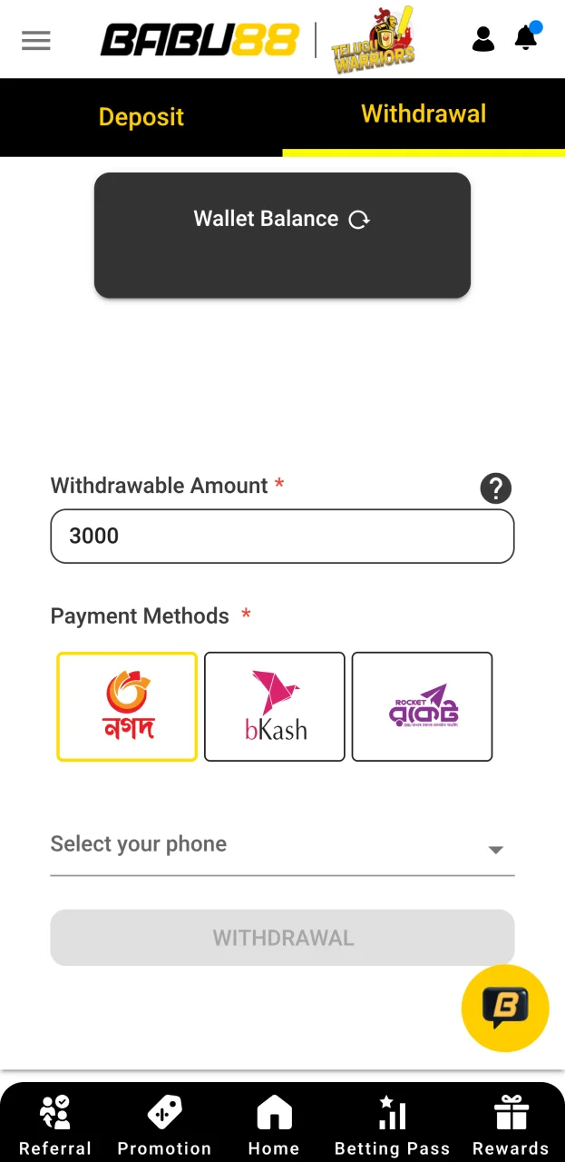 Enter the data required to withdraw funds from your Babu88 account.