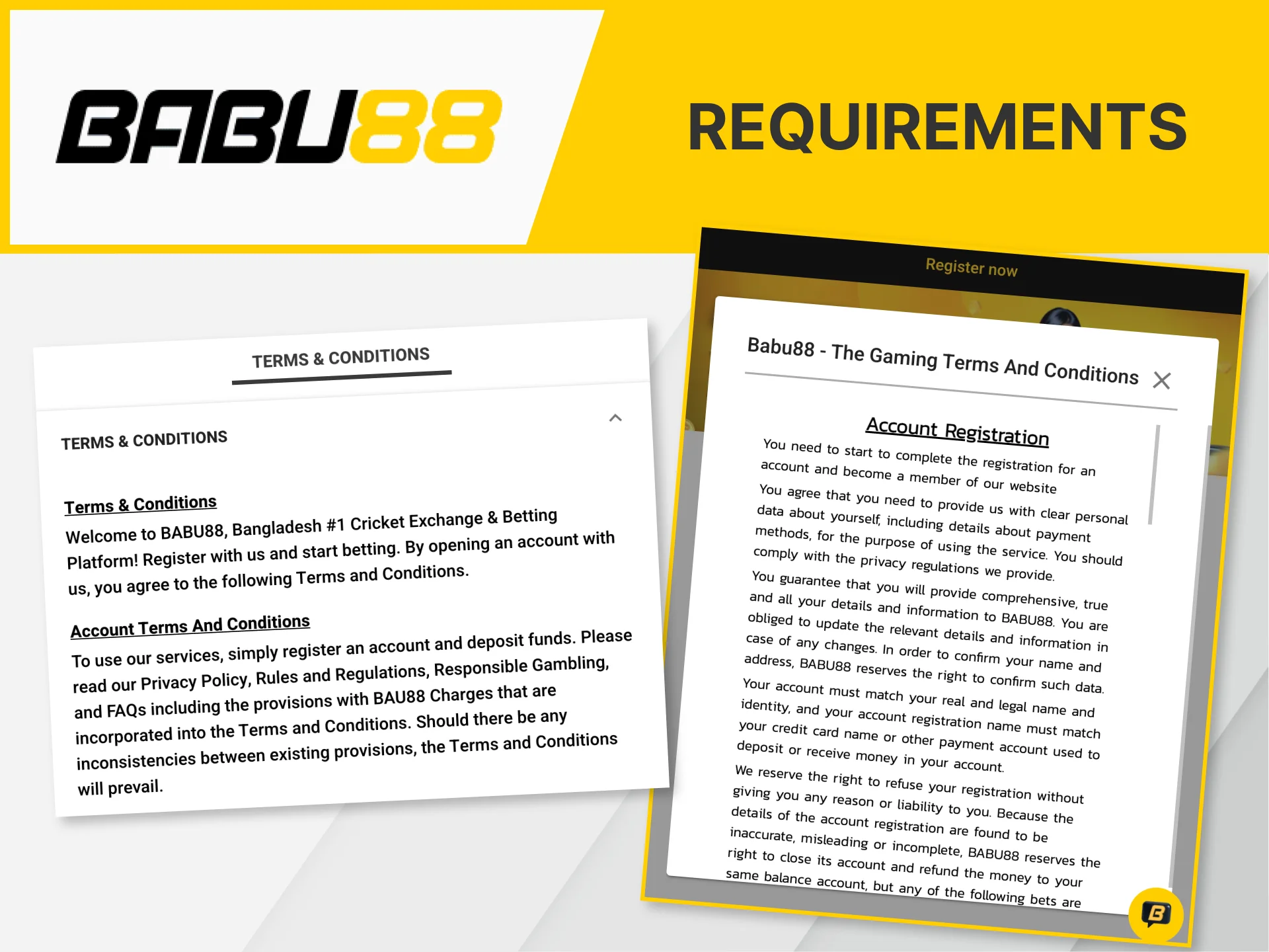 Find out about the terms and requirements for registration on the Babu88 website.